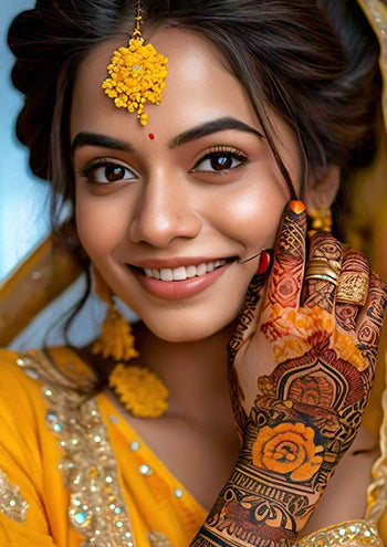 Girl having Haldi Mehendi look with traditional bridal makeup - Charmacy Milano