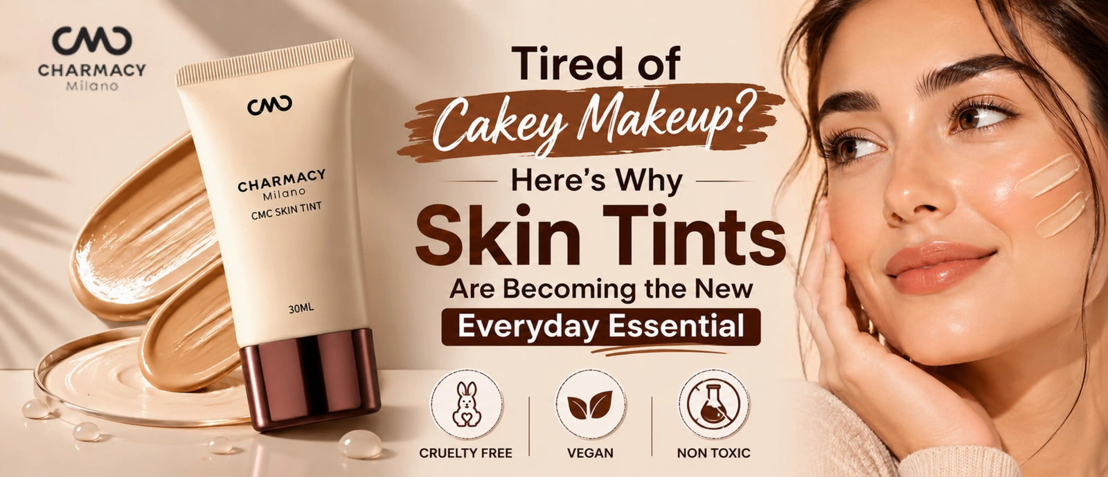 Woman applying skin tint for everyday wear to achieve a natural no makeup makeup look| Charmacy Milano  